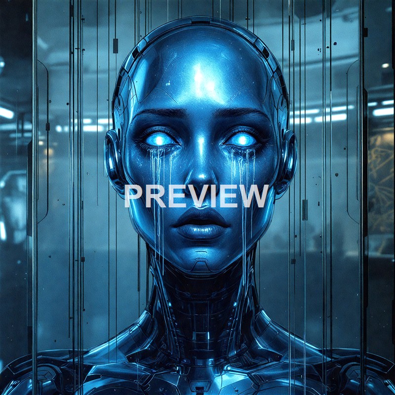 A futuristic, robotic female figure with glowing blue eyes and metallic features, standing in a high-tech environment with reflections and digital elements.